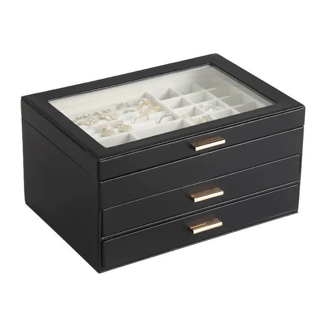 Sieradenorganizer met 3 Lagen en Glazen Deksel - Magnetische Sluiting - Veganistisch Leer Zwart Luxe | Sansoti