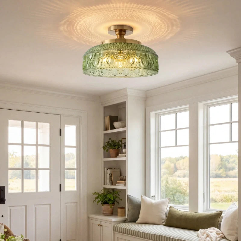 Moderne Plafondlamp met Getextureerde Glazen Schijf – Goud, Zwart & Groen – Ø30cm Designverlichting voor Woonkamer, Slaapkamer, Gang | Sansoti