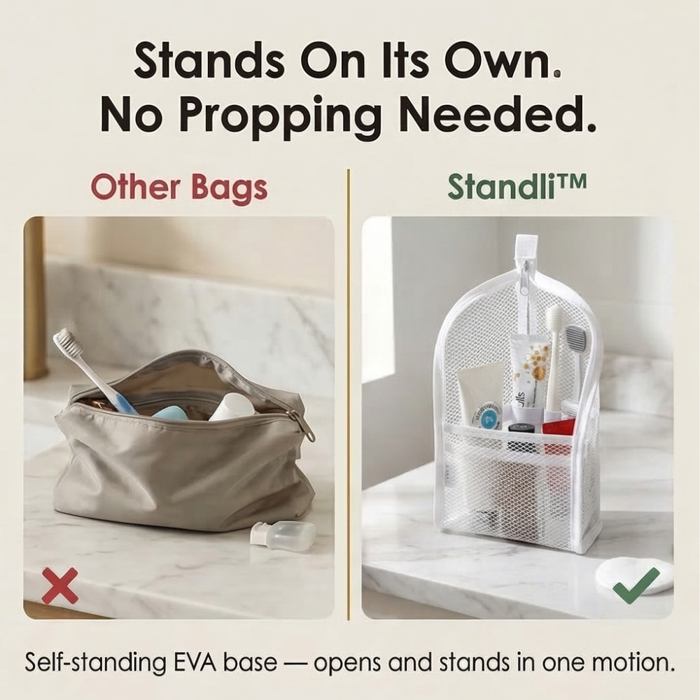 Staande Reistoilettas – Zelfstandige Travel Organizer met Verdelers voor Tandenborstel, Tandpasta en Accessoires | Sansoti