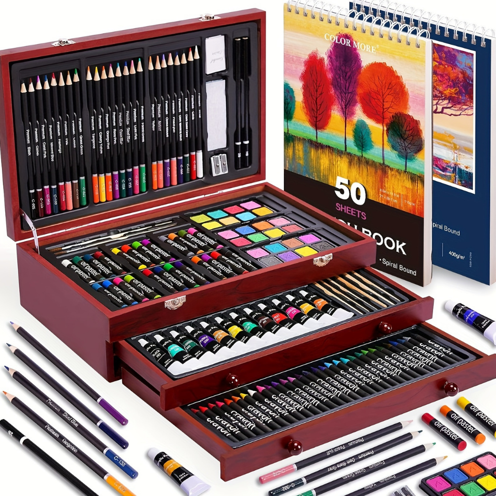 Kunstenaarsset 175-Delig met Houten Opbergbox – Malstifte Acrylverf Aquarel Pastels Tekenblok | Sansoti