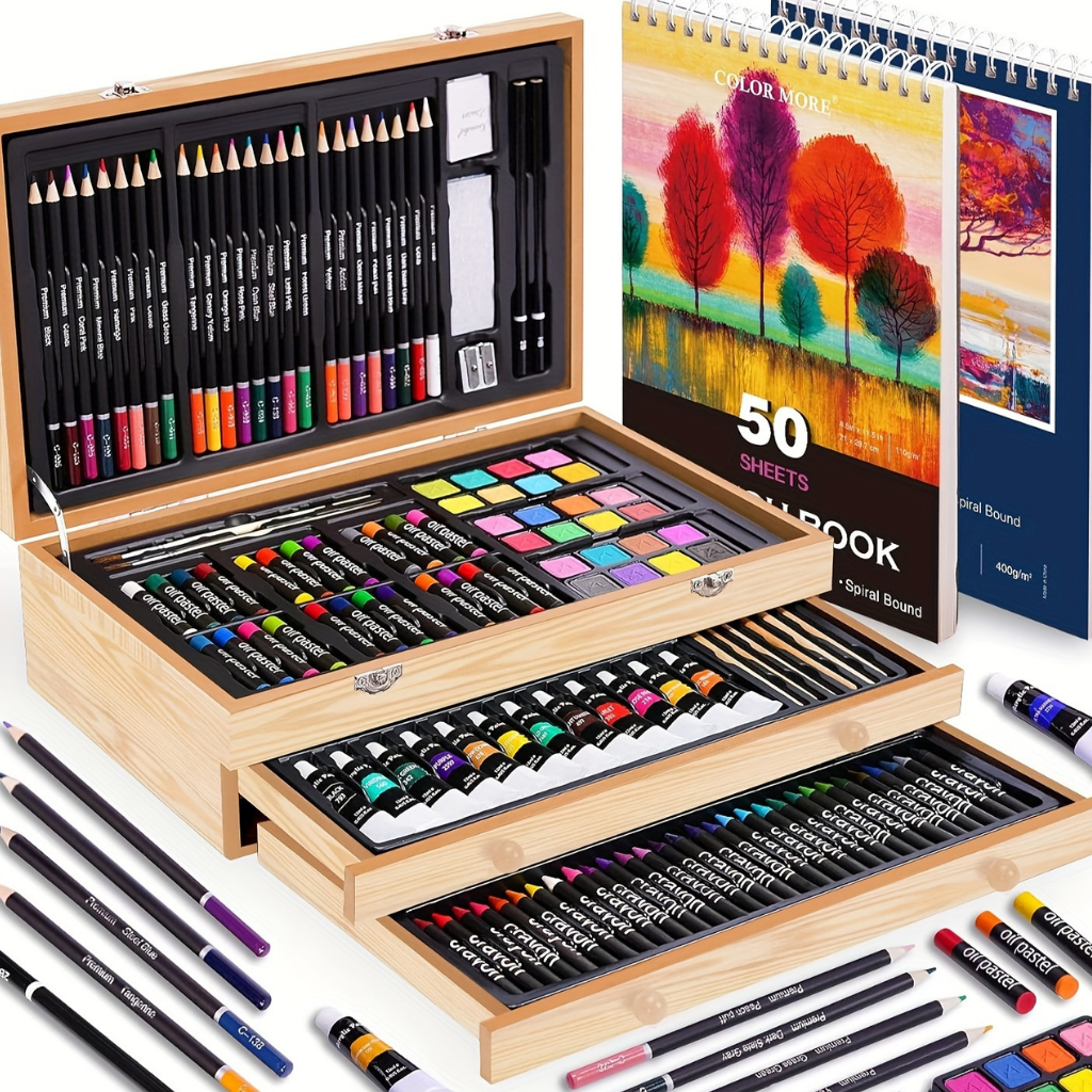 Kunstenaarsset 175-Delig met Houten Opbergbox – Malstifte Acrylverf Aquarel Pastels Tekenblok | Sansoti