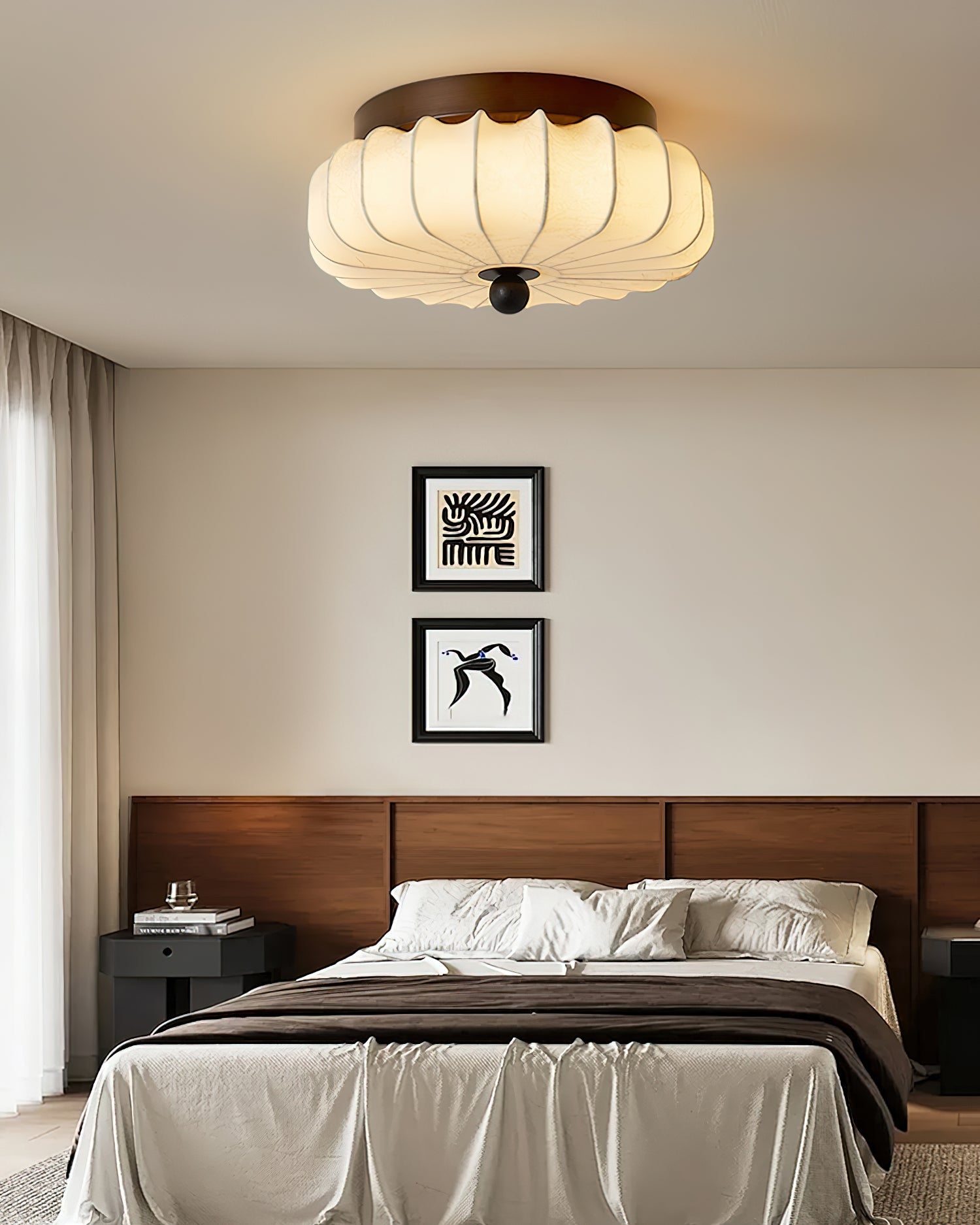 Plafondlamp met Walnoot Frame en Stoffen Kap – Vintage Design met Geïntegreerde LED | Sansoti