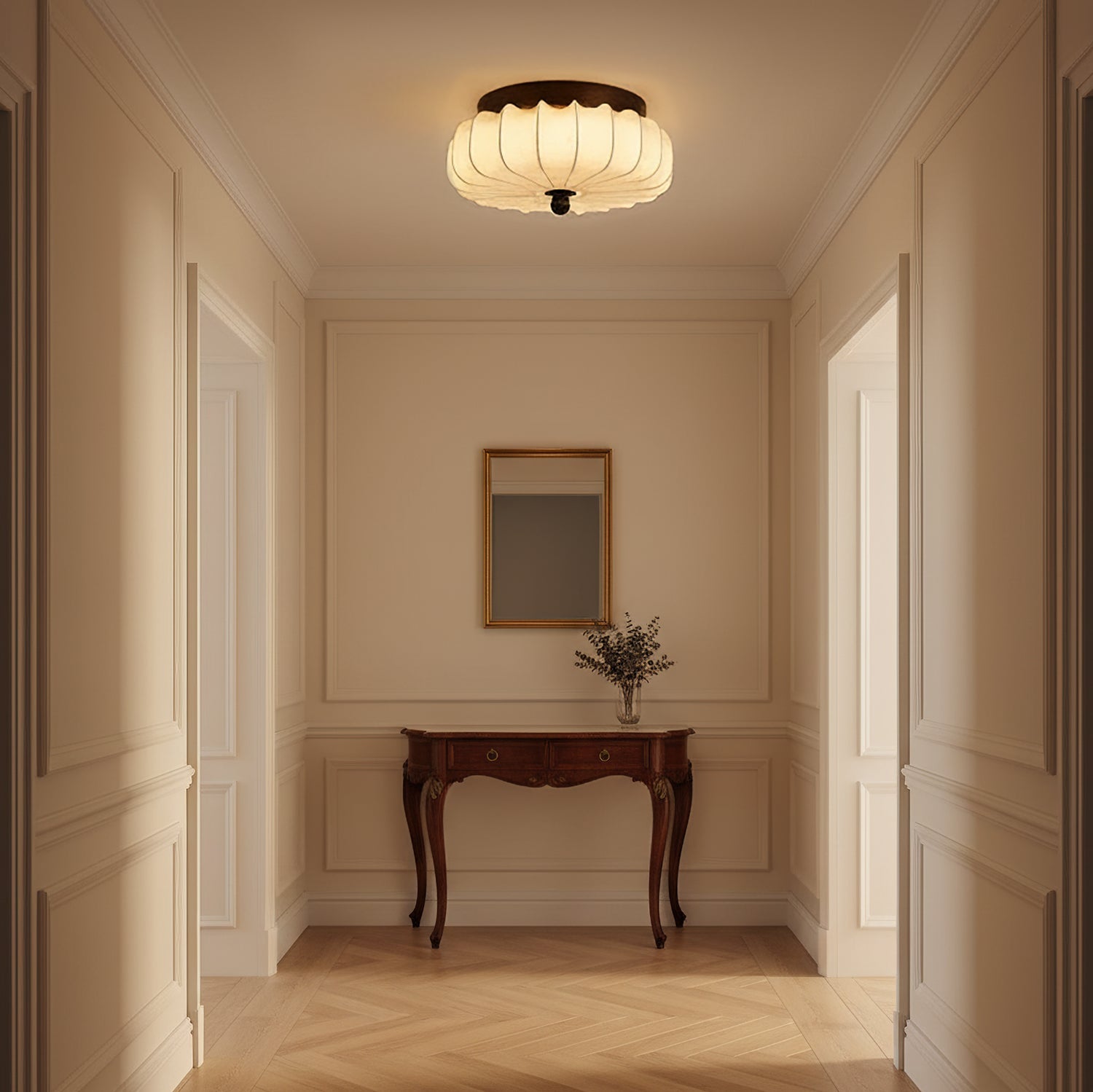 Plafondlamp met Walnoot Frame en Stoffen Kap – Vintage Design met Geïntegreerde LED | Sansoti