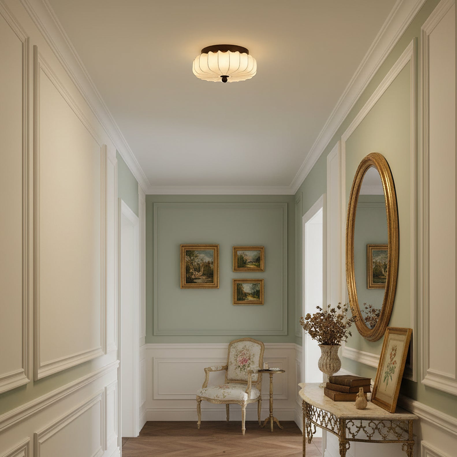 Plafondlamp met Walnoot Frame en Stoffen Kap – Vintage Design met Geïntegreerde LED | Sansoti