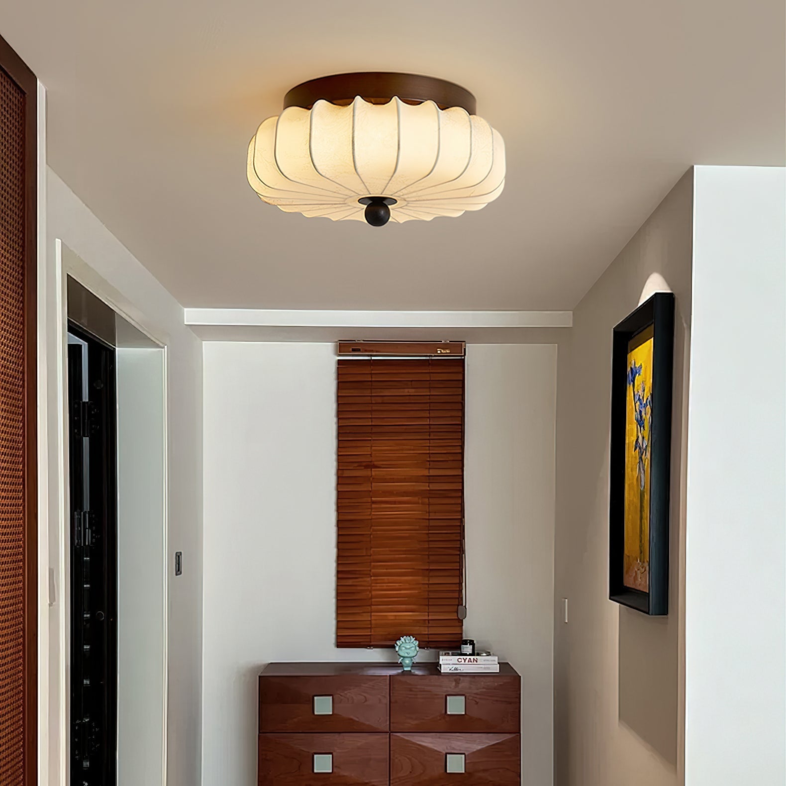 Plafondlamp met Walnoot Frame en Stoffen Kap – Vintage Design met Geïntegreerde LED | Sansoti