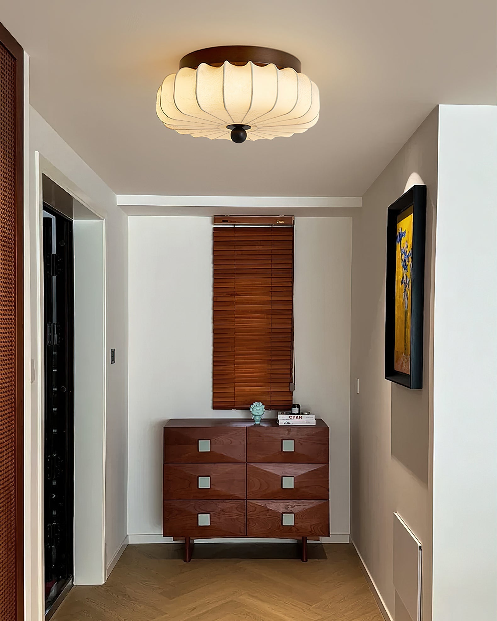 Plafondlamp met Walnoot Frame en Stoffen Kap – Vintage Design met Geïntegreerde LED | Sansoti
