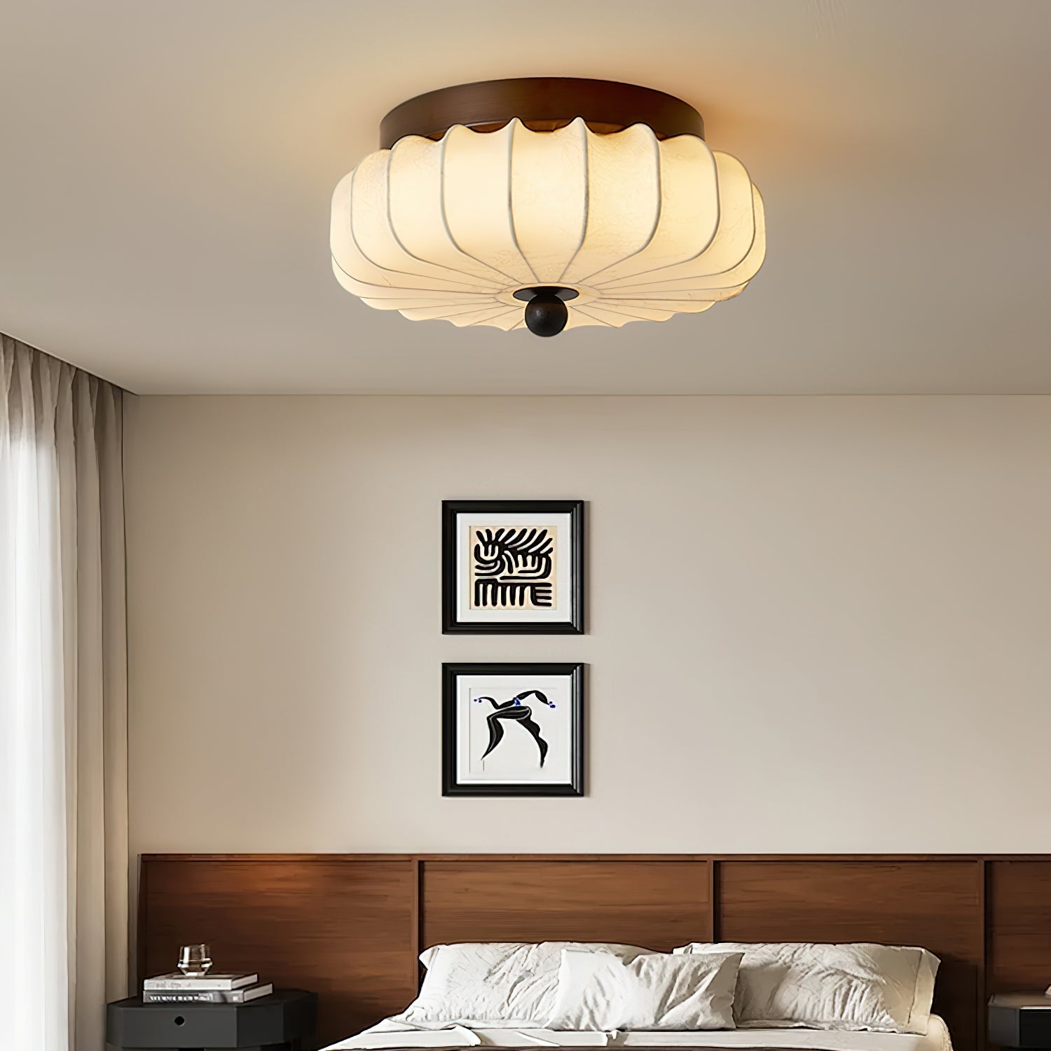Plafondlamp met Walnoot Frame en Stoffen Kap – Vintage Design met Geïntegreerde LED | Sansoti