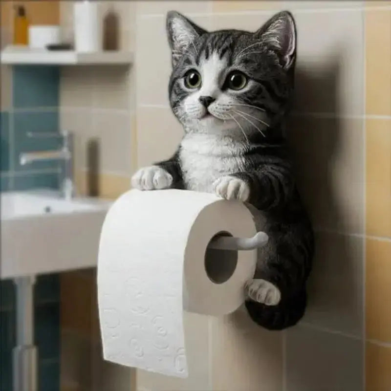 Toiletrolhouder Kat Kunsthars – Wandmontage Wc-Papierhouder met Kattenfiguur | Grijs Wit Zwart Oranje | Sansoti