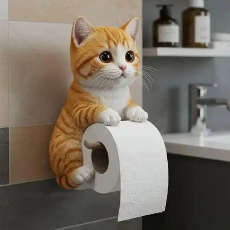 Toiletrolhouder Kat Kunsthars – Wandmontage Wc-Papierhouder met Kattenfiguur | Grijs Wit Zwart Oranje | Sansoti