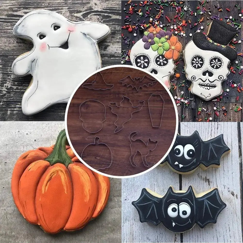 Uitsteekvormen Set 7 Stuks voor Koekjes Pannenkoeken Kaas Fruit Halloween Motieven Roestvrijstaal Spookjes Pompoen Vleermuis Heks Keuken Bakvormen | Sansoti