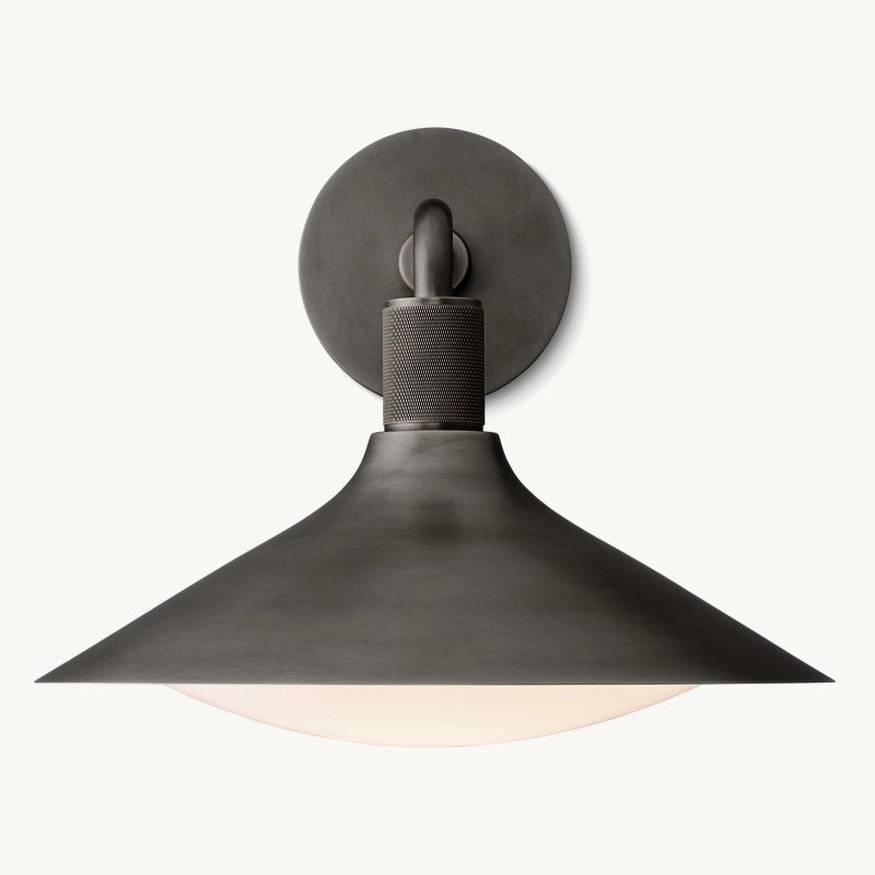 Mosiężna lampa ścienna z matowym, stożkowym szkłem, nowoczesna, industrialna, ściemniana, nastrojowe światło, do sypialni, salonu i korytarza | Sansoti