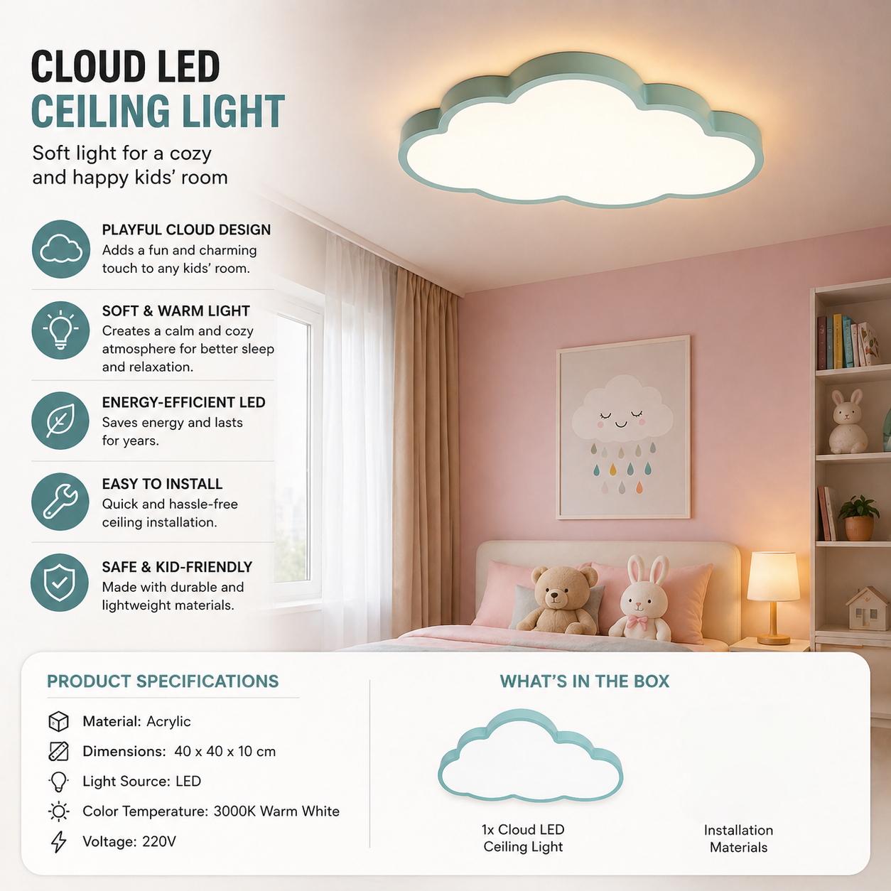 LED Plafondlamp Wolk 40cm Kinderkamer Warm Wit Licht Speels Wolkontwerp Slaapkamer Babykamer Decoratief | Sansoti