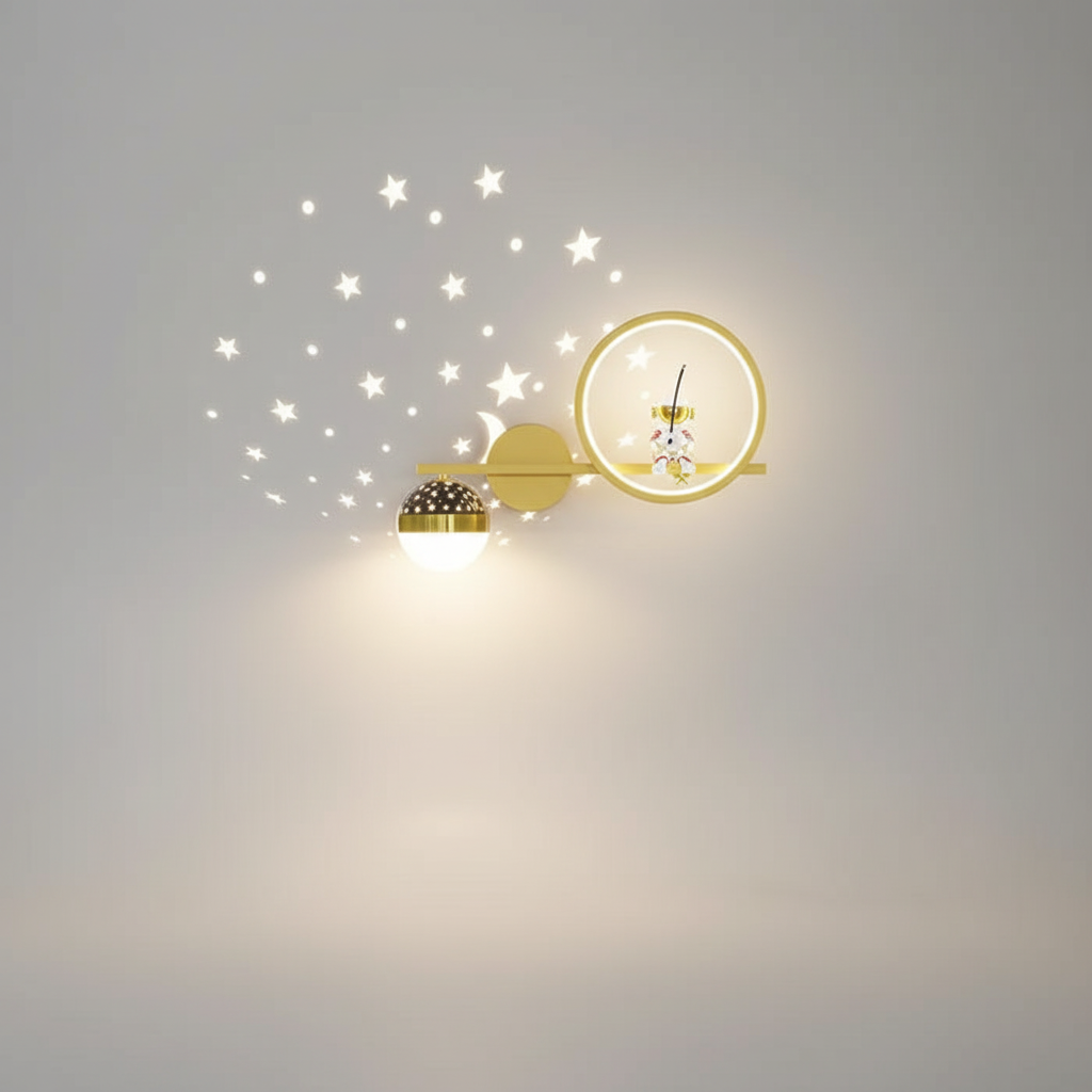 Wandlamp Kinderkamer Astronaut LED Goud Sterren Maan Nachtlamp Jongens Meisjes Babykamer Wandlicht Ruimtevaart Sfeerlamp | Sansoti