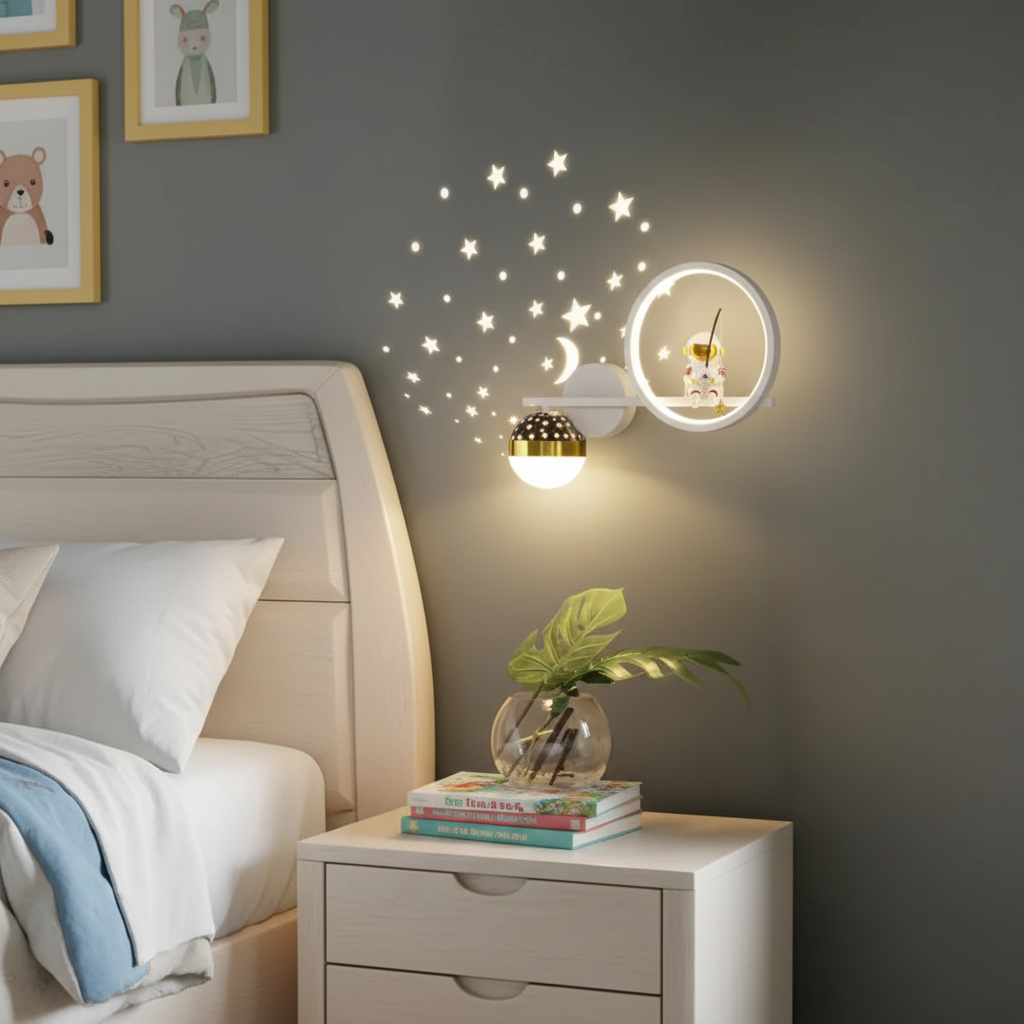 Wandlamp Kinderkamer Astronaut LED Goud Sterren Maan Nachtlamp Jongens Meisjes Babykamer Wandlicht Ruimtevaart Sfeerlamp | Sansoti
