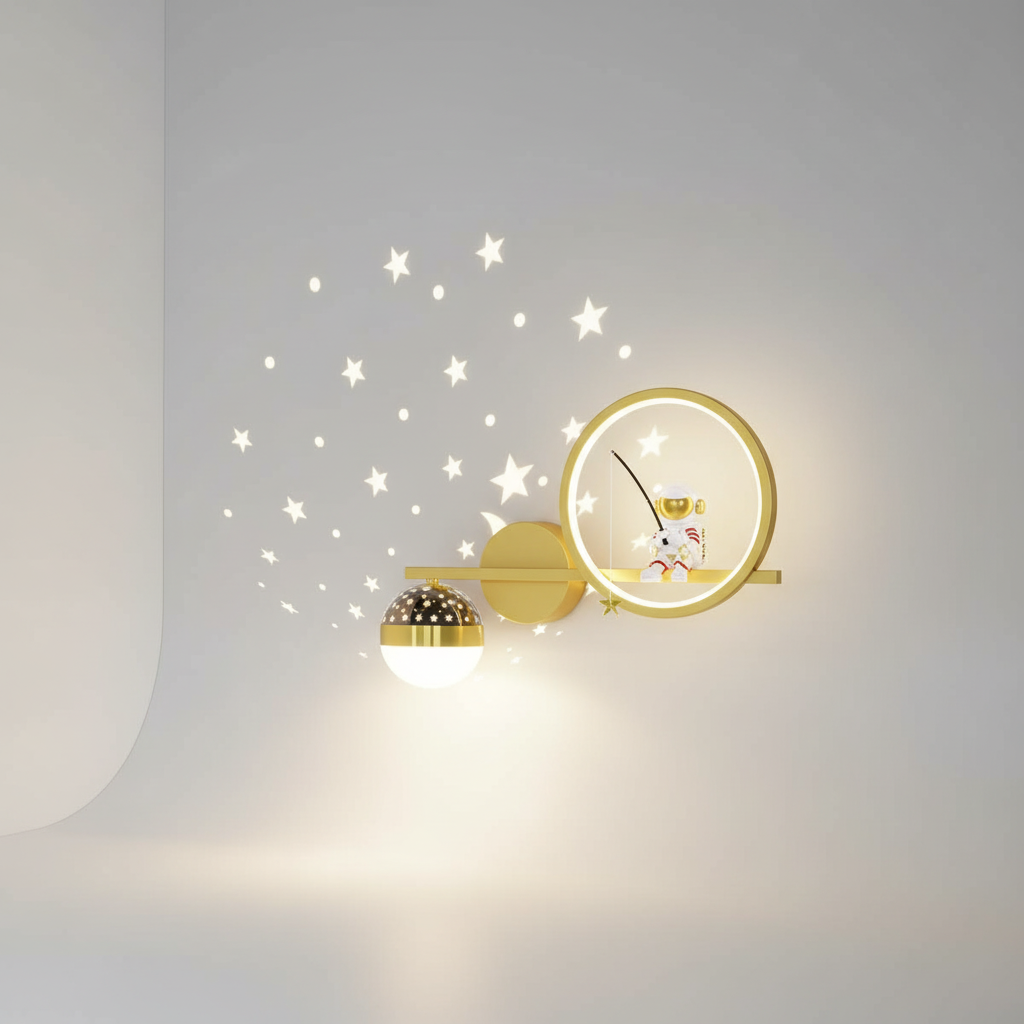 Wandlamp Kinderkamer Astronaut LED Goud Sterren Maan Nachtlamp Jongens Meisjes Babykamer Wandlicht Ruimtevaart Sfeerlamp | Sansoti