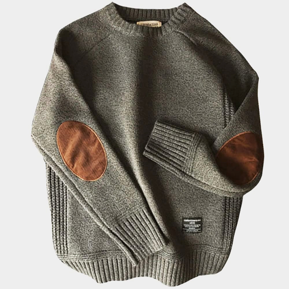 Pull en maille avec coudières, mélange cachemire, col rond, homme et femme, gris chiné, bord-côte, confort | Sansoti
