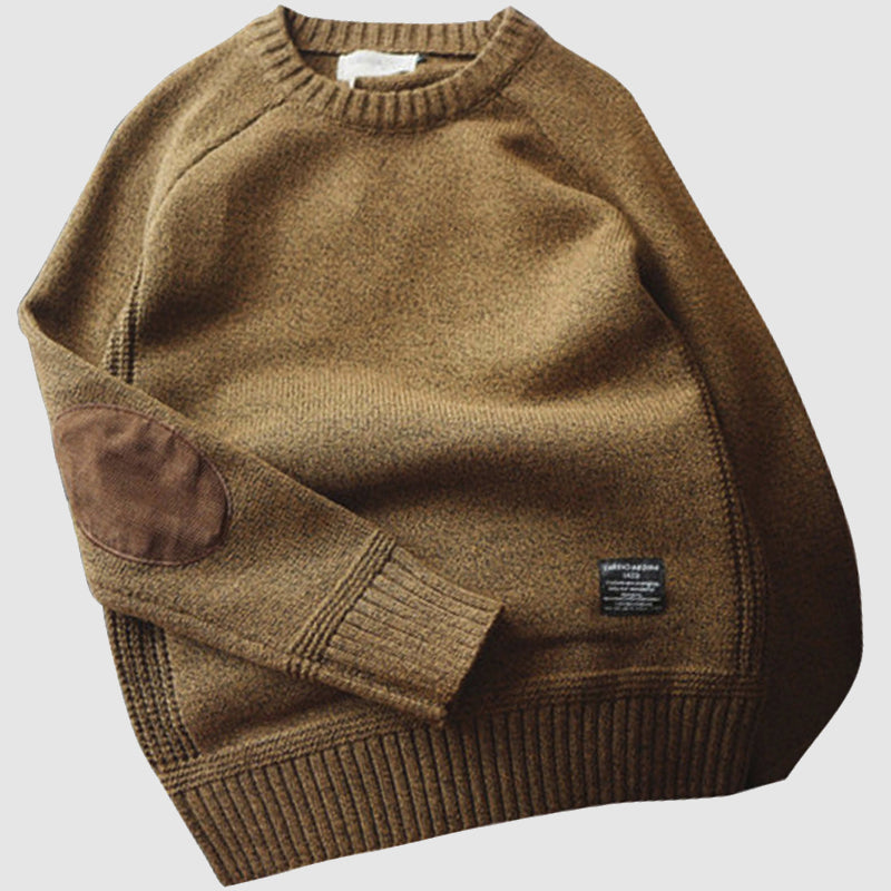 Pull en maille avec coudières, mélange cachemire, col rond, homme et femme, gris chiné, bord-côte, confort | Sansoti