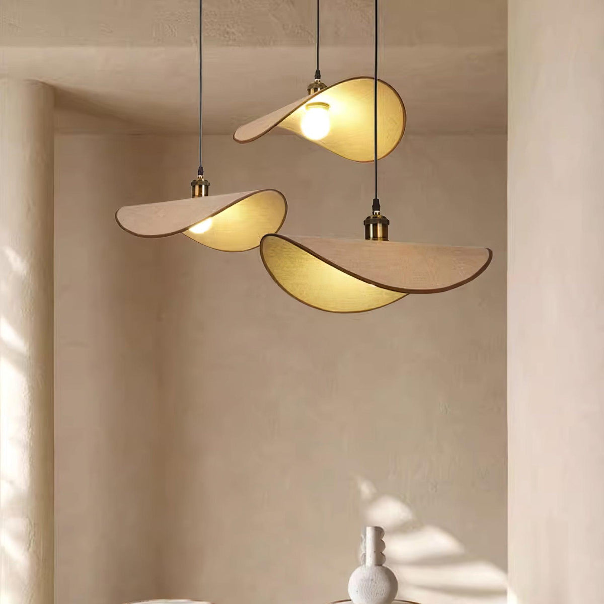 Pendant Light Linen Shade Wooden Accents Minimalist Design Scandinavian Dining Table Living Room Lighting | Sansoti