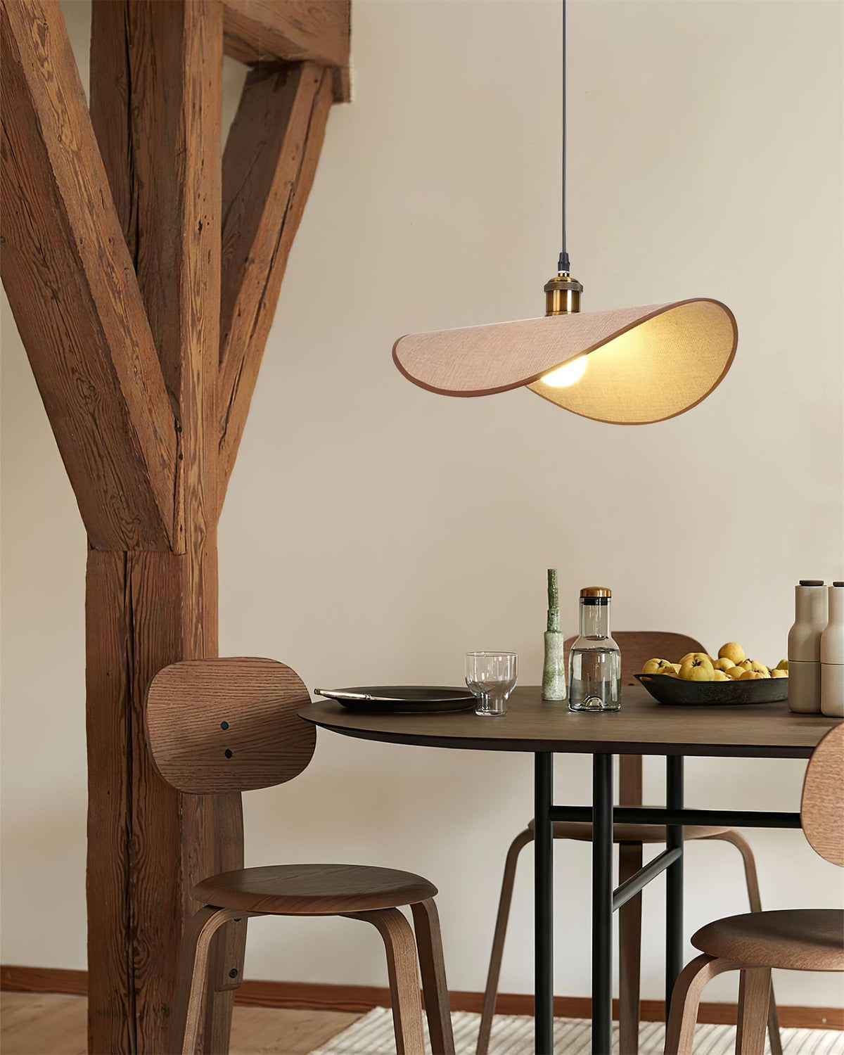 Pendant Light Linen Shade Wooden Accents Minimalist Design Scandinavian Dining Table Living Room Lighting | Sansoti