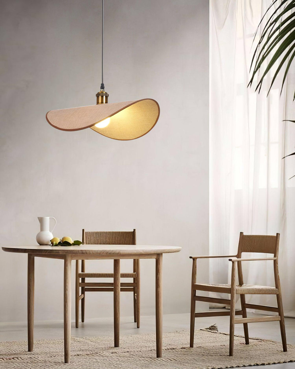Pendant Light Linen Shade Wooden Accents Minimalist Design Scandinavian Dining Table Living Room Lighting | Sansoti