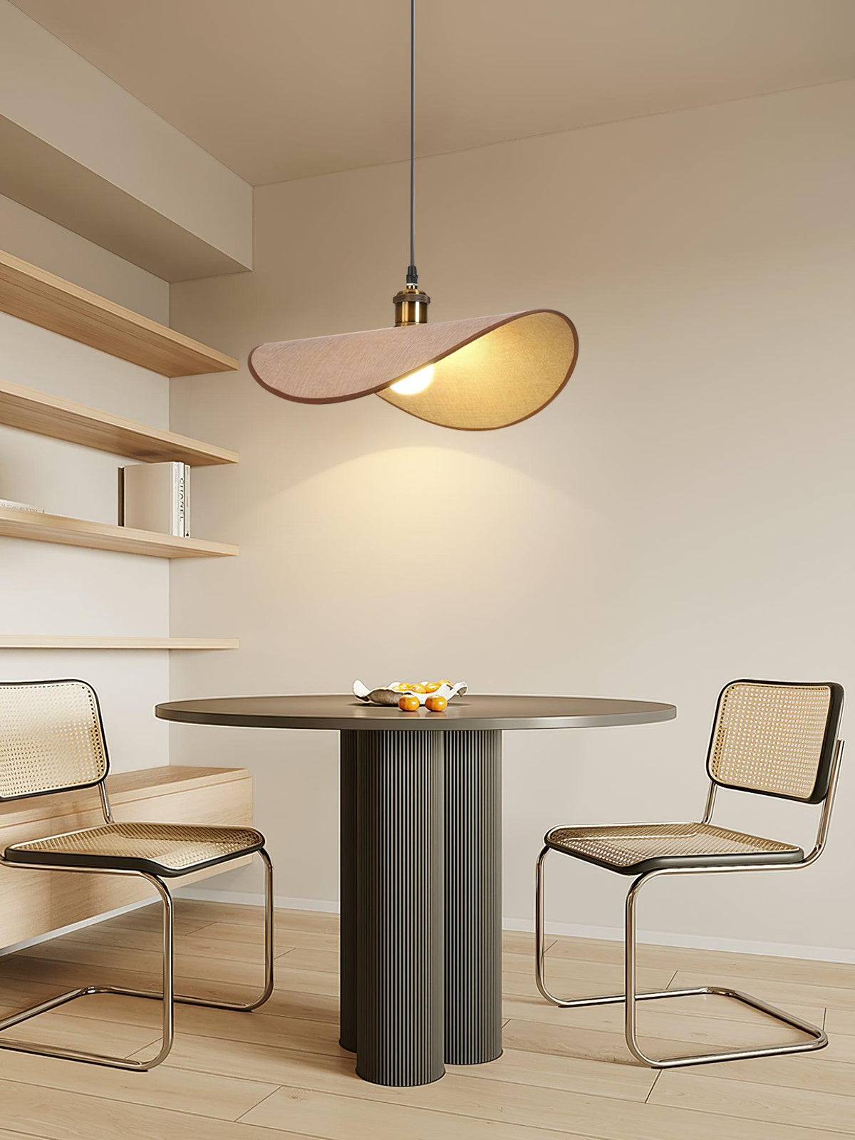 Pendant Light Linen Shade Wooden Accents Minimalist Design Scandinavian Dining Table Living Room Lighting | Sansoti