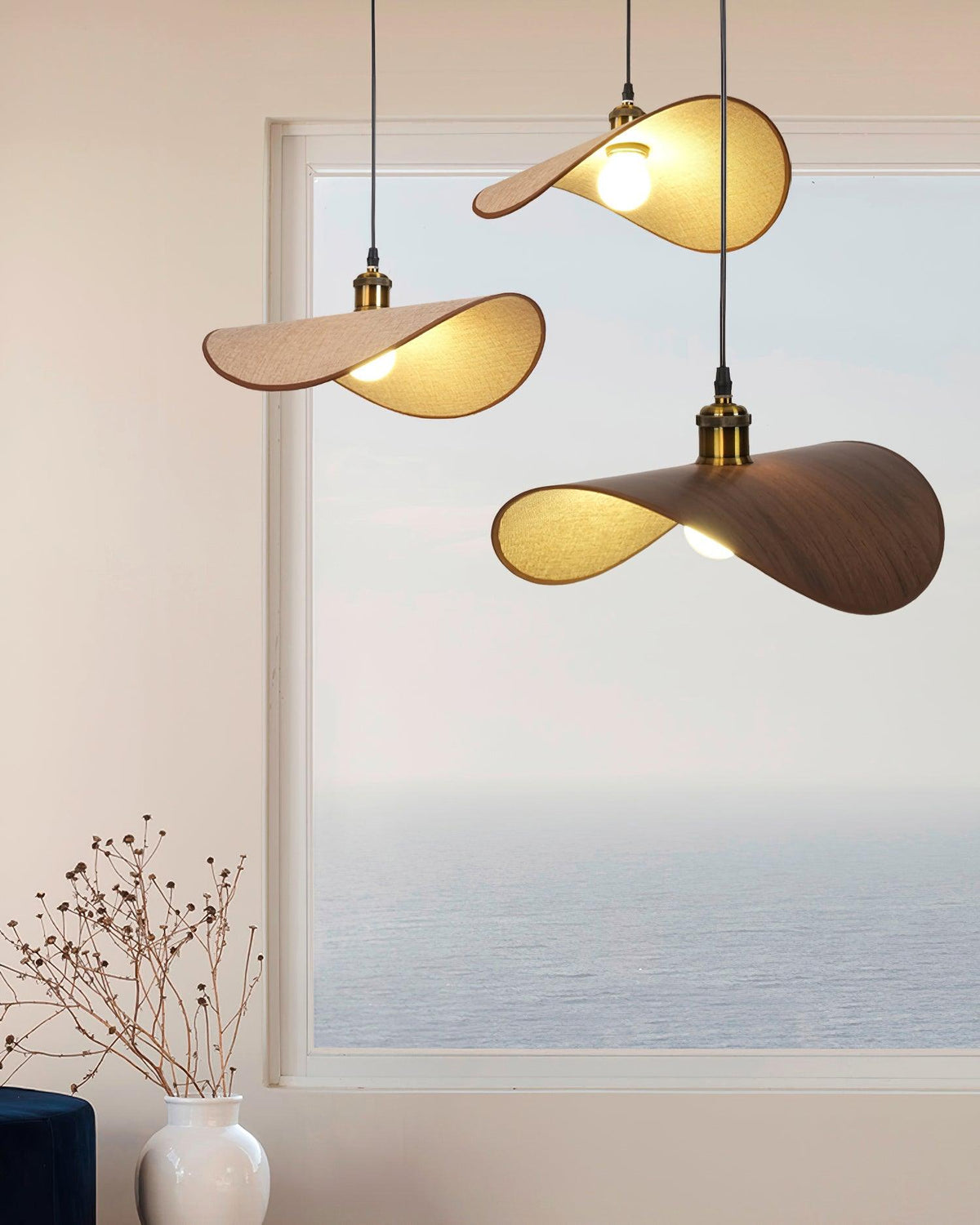 Pendant Light Linen Shade Wooden Accents Minimalist Design Scandinavian Dining Table Living Room Lighting | Sansoti