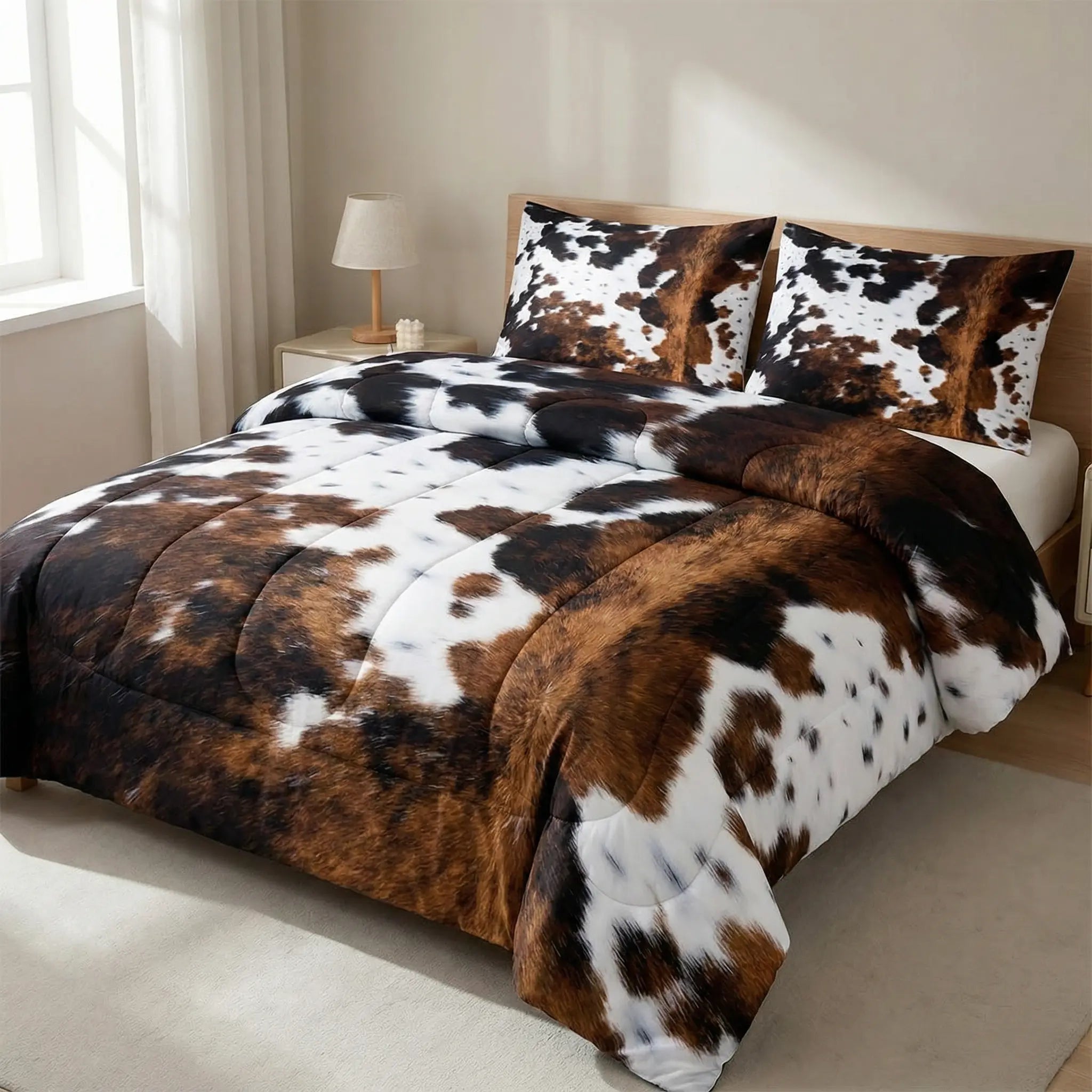 Dekbedovertrek Set met Koeienprint Western Stijl Bruin Zwart Wit Polyester 90gsm voor 1-persoons tot Kingsize Bed | Sansoti