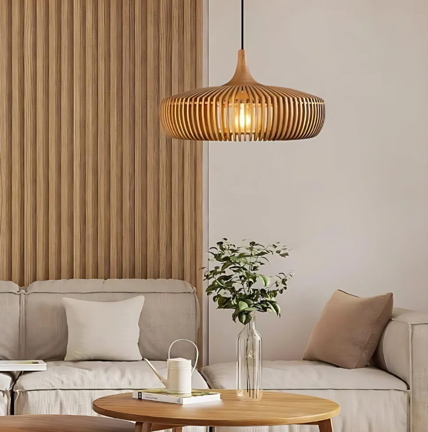 Houten Hanglamp Plafond 43cm Japandi Verlichting Warm Licht Eetkamer Slaapkamer Woonkamer | Sansoti