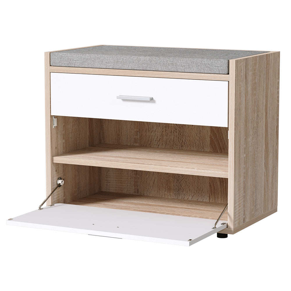 Schuhbank mit Stauraum und Schublade – Weißer Holz-Schuhschrank mit Sitzkissen für Flur und Eingangsbereich | Restfield