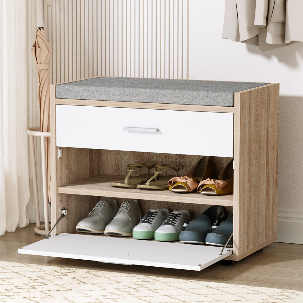 Schuhbank mit Stauraum und Schublade – Weißer Holz-Schuhschrank mit Sitzkissen für Flur und Eingangsbereich | Restfield