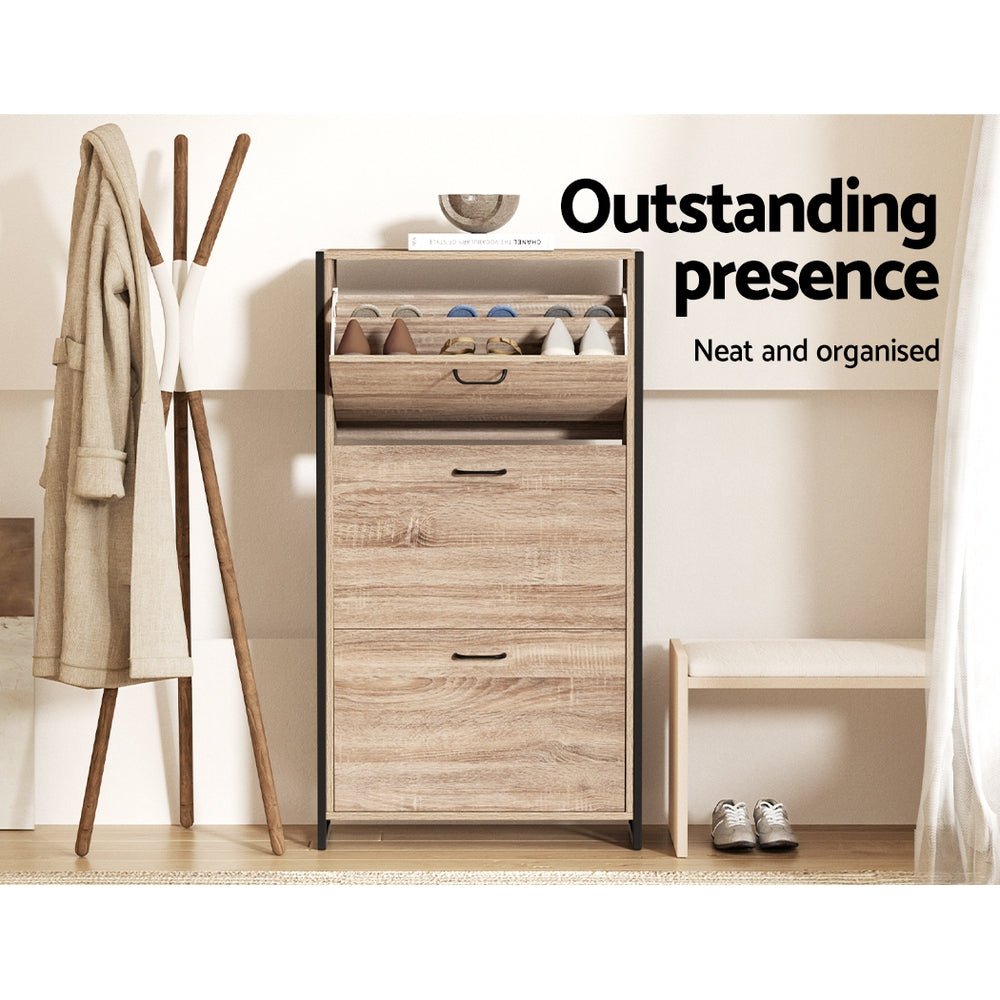 Schoenenkast met Organiser en 24 Paar Opbergcapaciteit – Houten Front en Metalen Frame | Sansoti
