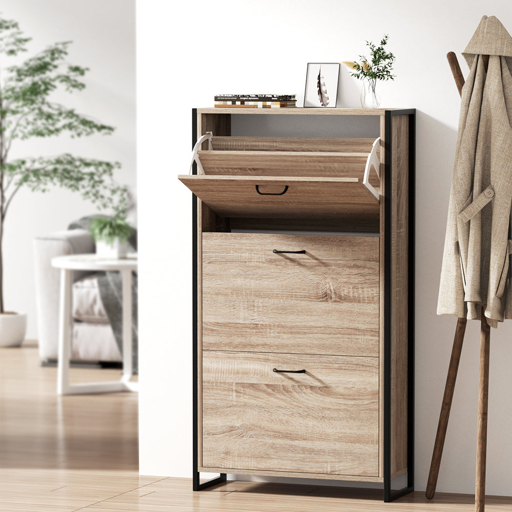 Schoenenkast met Organiser en 24 Paar Opbergcapaciteit – Houten Front en Metalen Frame | Sansoti