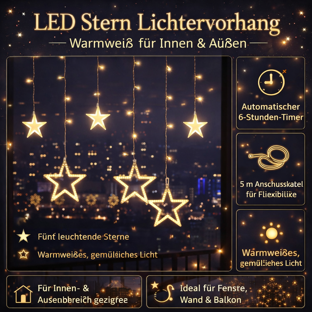 LED Sterrenverlichting Gordijn Warm Wit – 5 Verlichte Sterren met Timerfunctie voor Binnen en Buiten | Sansoti