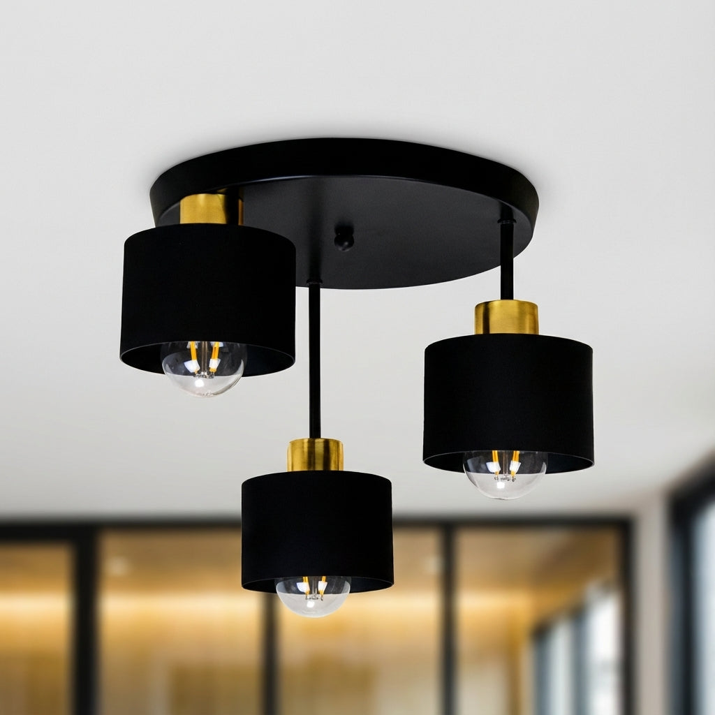 Plafondlamp 3 Lichts Zwart Goud Metaal E27 Ø30cm Modern Design | Sansoti