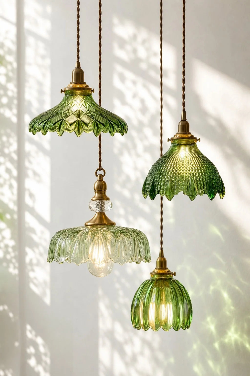Vintage Hanglamp Glas Messing Bloemmotief Groen Zwart | Sansoti