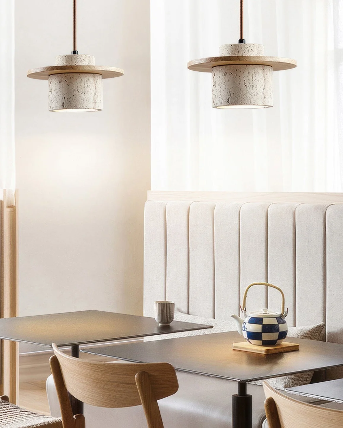 Hanglamp natuursteen travertijn met walnoot accent modern design | Sansoti