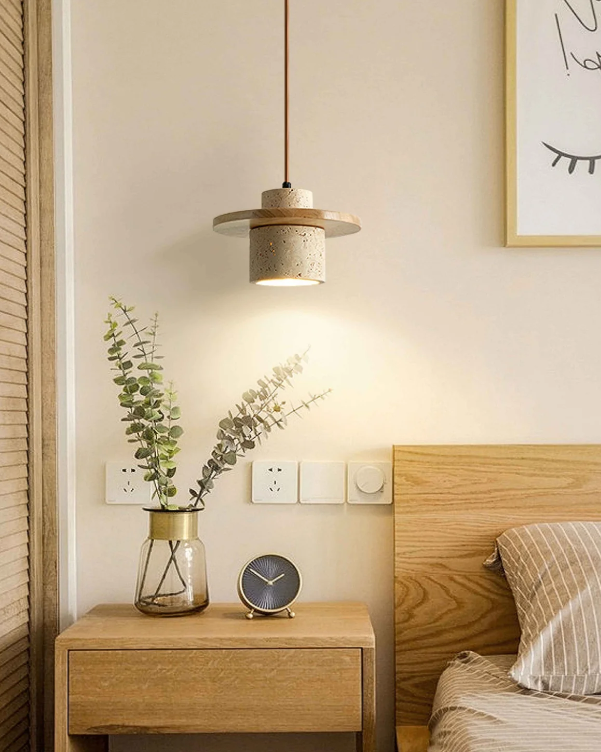 Hanglamp natuursteen travertijn met walnoot accent modern design | Sansoti