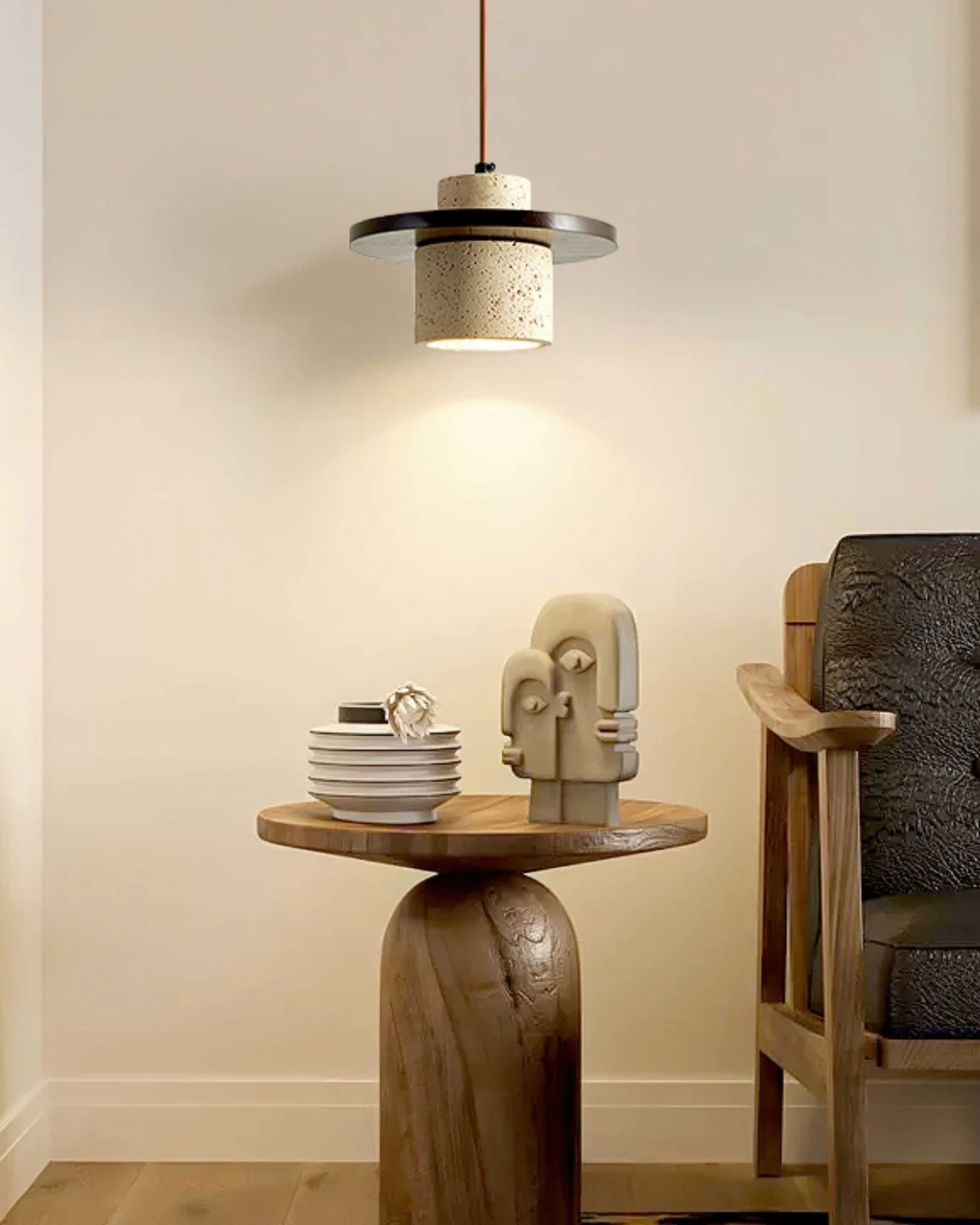Hanglamp natuursteen travertijn met walnoot accent modern design | Sansoti
