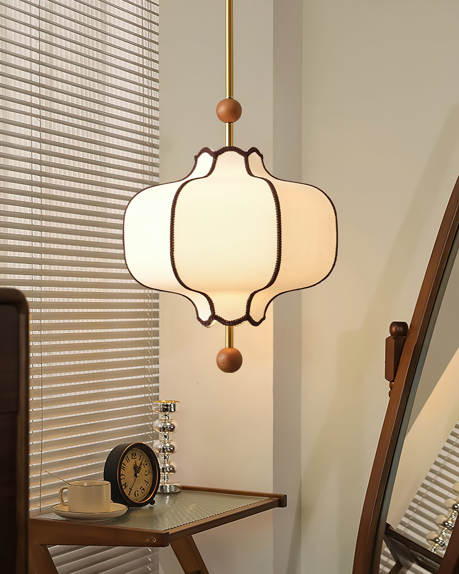 Stoffen Hanglamp met Lantaarnvorm – Walnoot of Goud Frame – 25 tot 50 cm – Scandinavisch Design Plafondlamp | Sansoti
