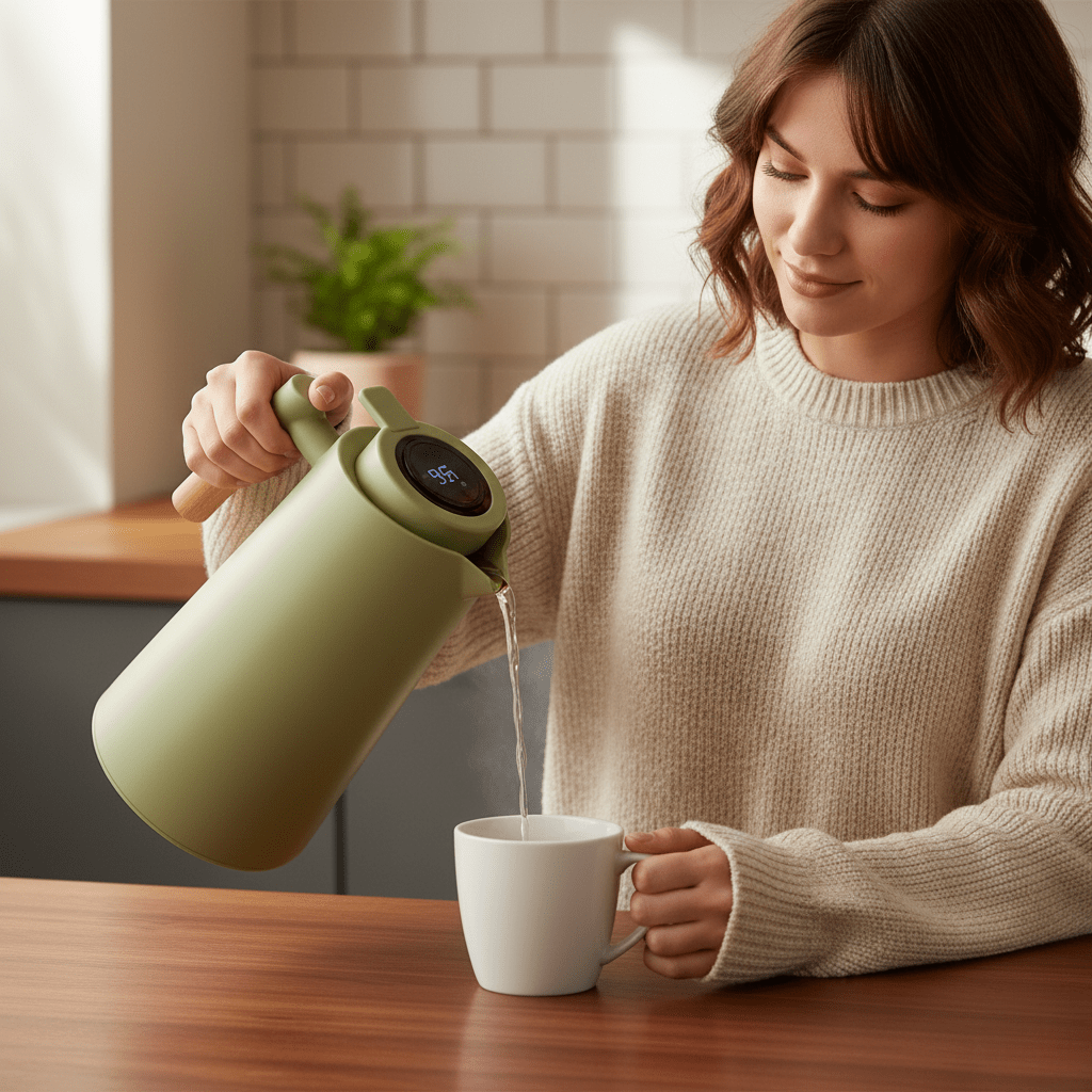 Thermoskan met Temperatuurindicator 1 Liter Dubbelwandig RVS Houten Handgreep Koffiekan Theekan Isoleerkan | Sansoti