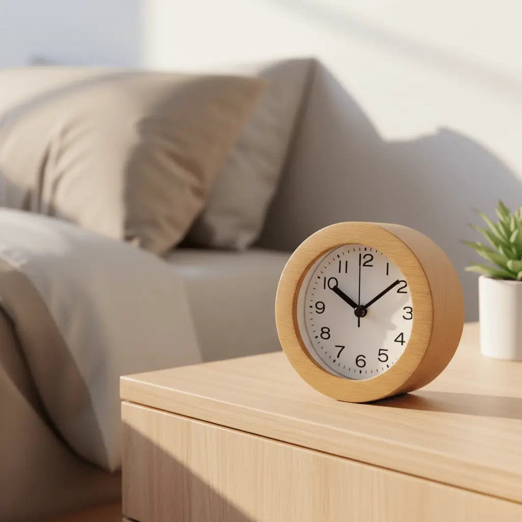 Stille Wekker van Beuken met LED-Nachtverlichting Analoog Quartz met Snooze-Functie | Sansoti
