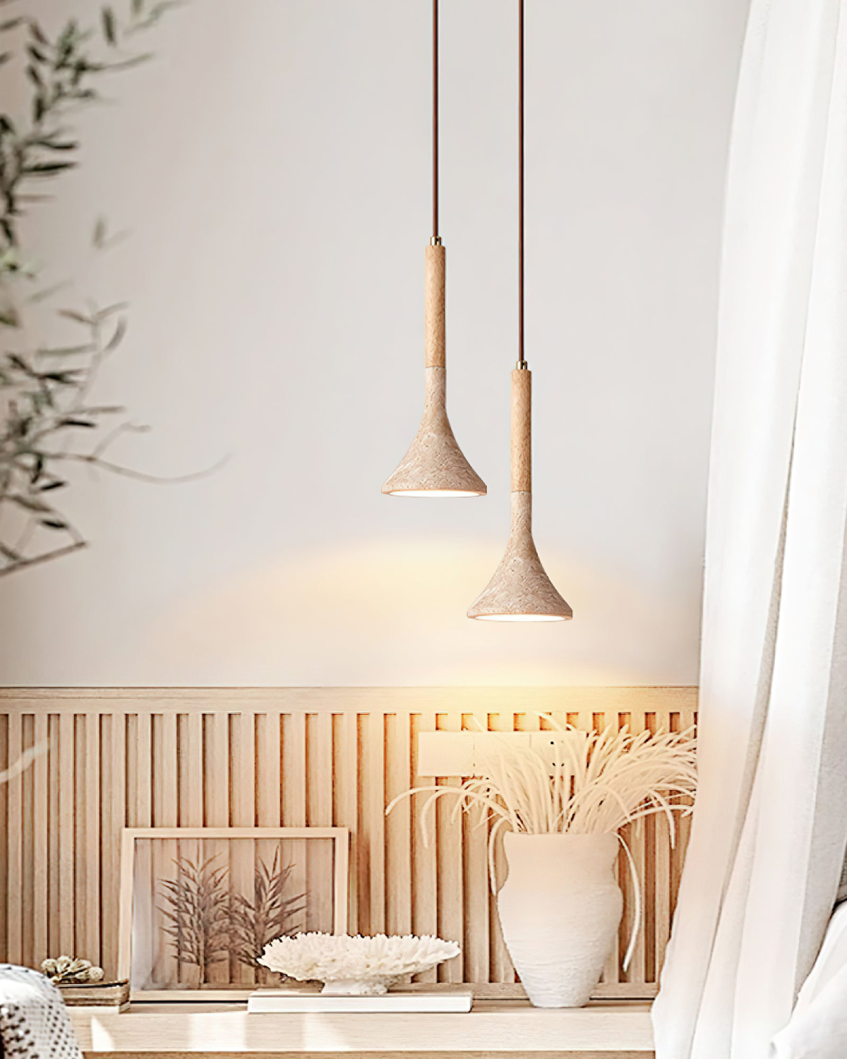 Travertijn Hanglamp met Walnoot Hout – Natuursteen Eetkamerlamp Warm Licht Scandinavisch Interieur | Sansoti