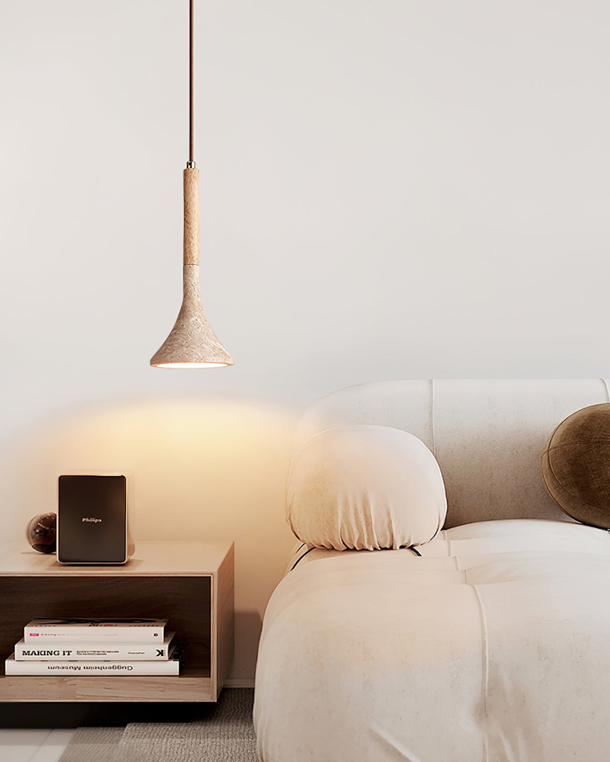 Travertijn Hanglamp met Walnoot Hout – Natuursteen Eetkamerlamp Warm Licht Scandinavisch Interieur | Sansoti