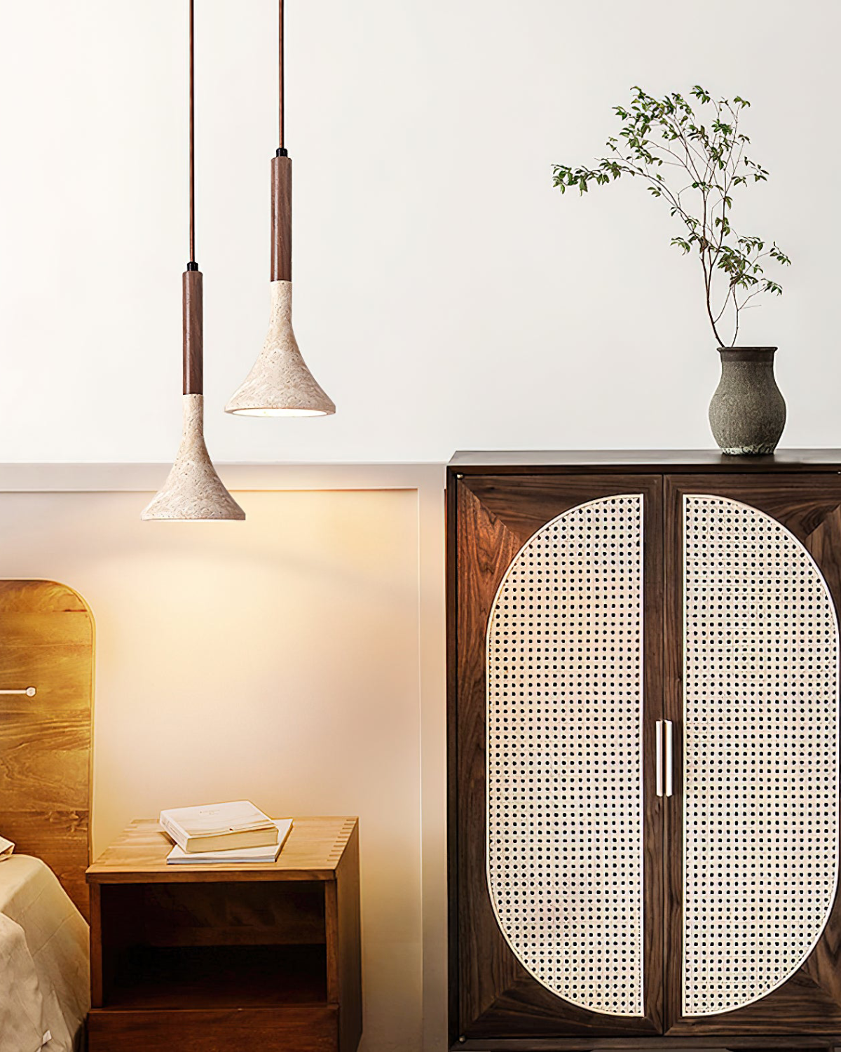 Travertijn Hanglamp met Walnoot Hout – Natuursteen Eetkamerlamp Warm Licht Scandinavisch Interieur | Sansoti