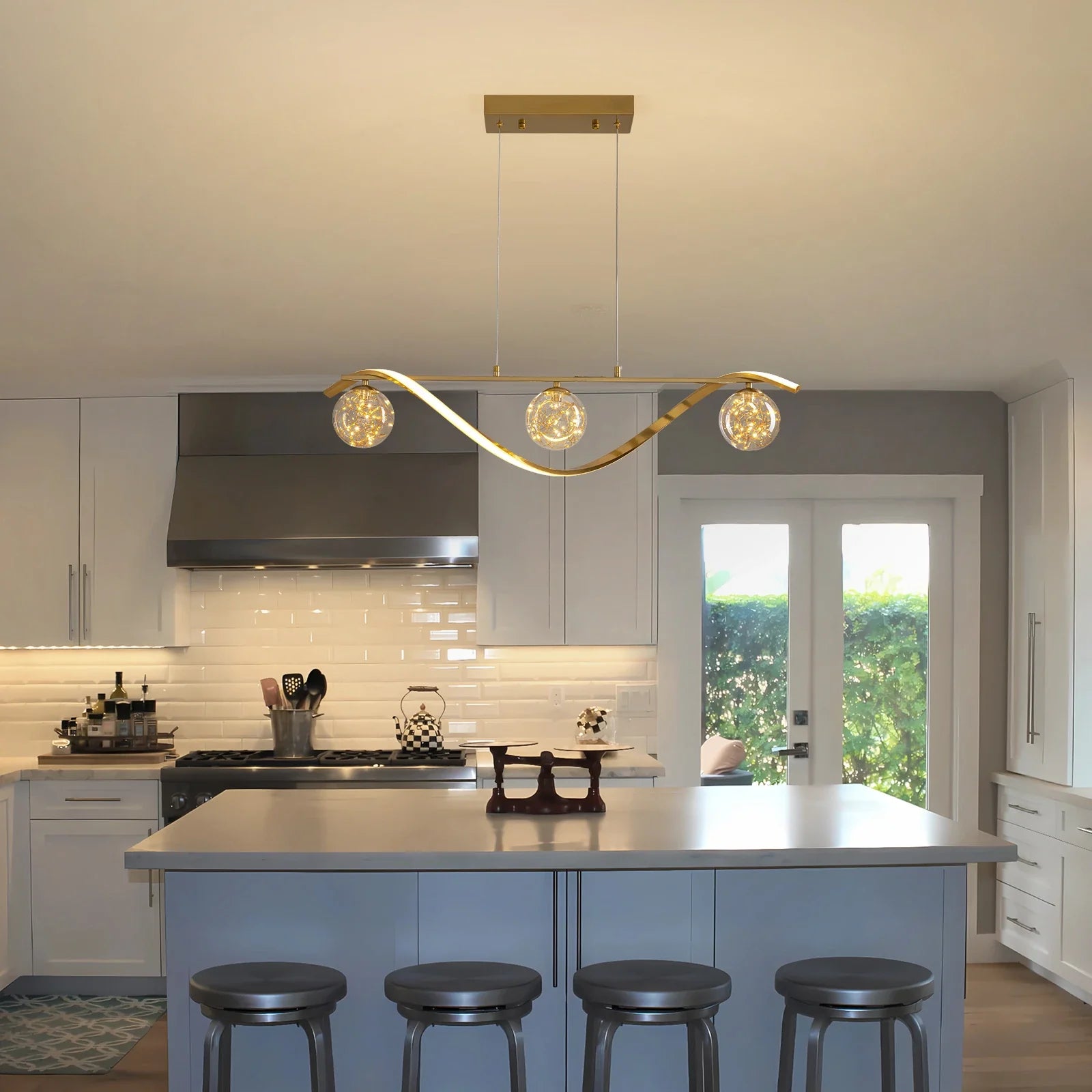 Hängeleuchte Linear Glaskugeln LED-Streifen Gold Chrom 100cm Esszimmer Kücheninsel Modern | Restfield