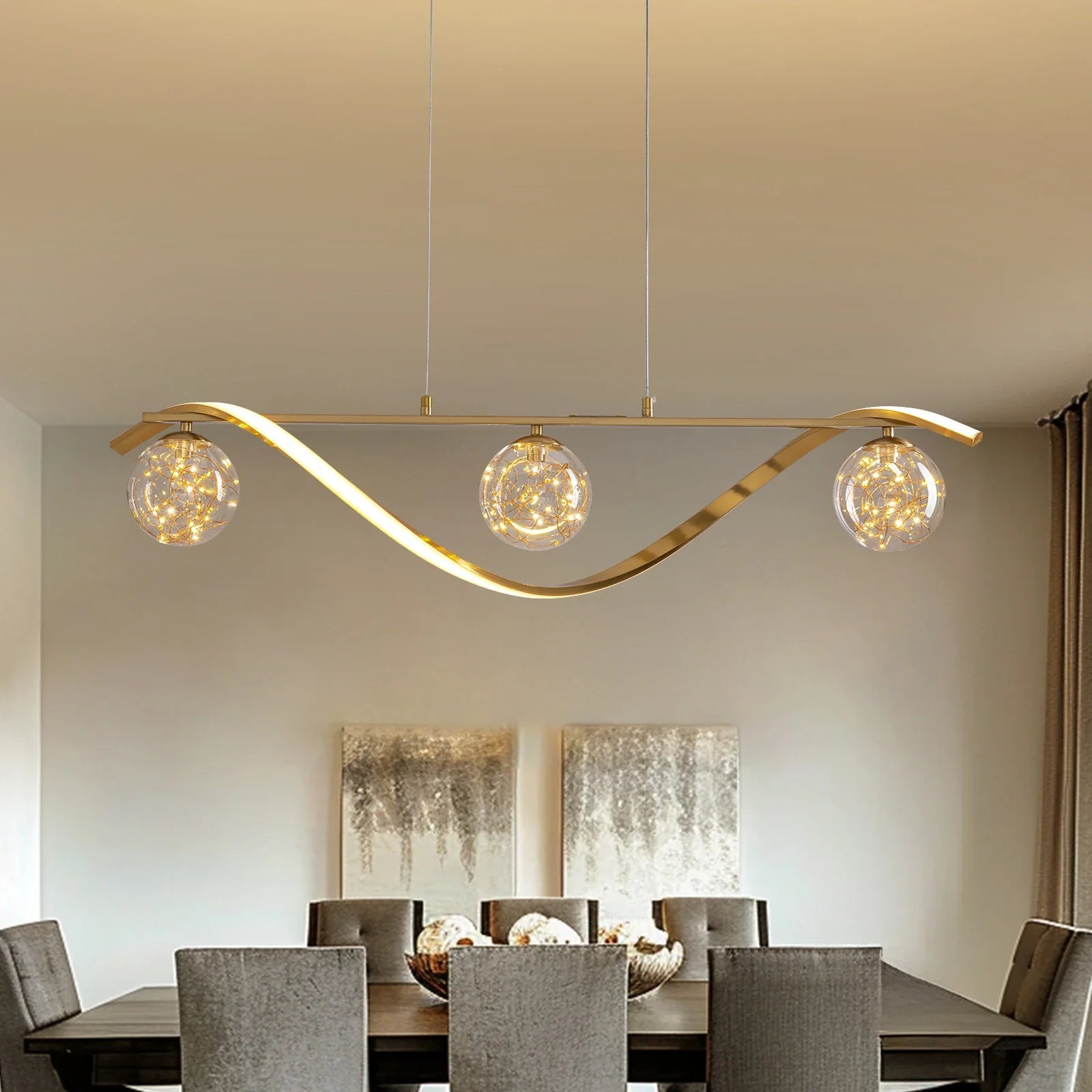 Hängeleuchte Linear Glaskugeln LED-Streifen Gold Chrom 100cm Esszimmer Kücheninsel Modern | Restfield