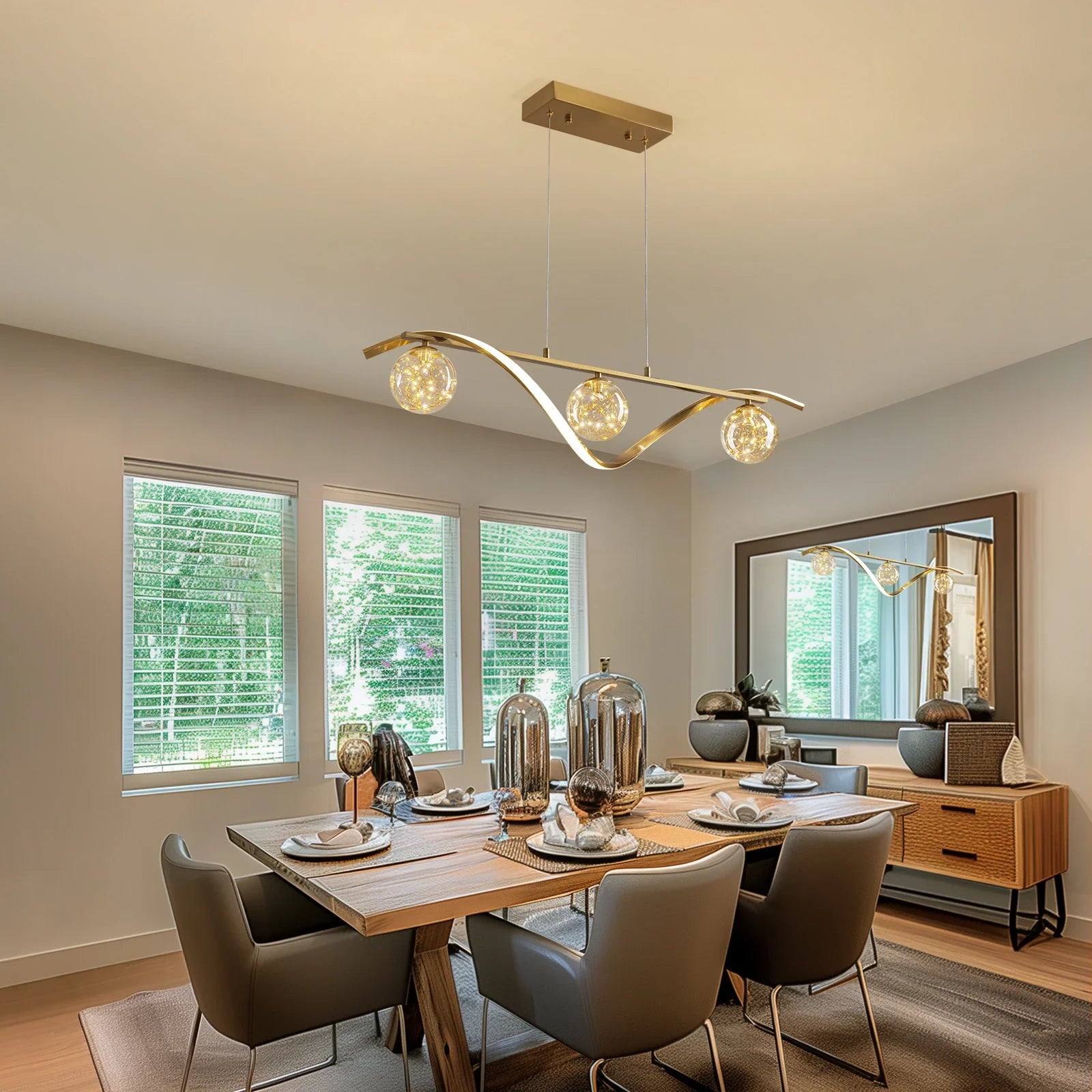 Hängeleuchte Linear Glaskugeln LED-Streifen Gold Chrom 100cm Esszimmer Kücheninsel Modern | Restfield