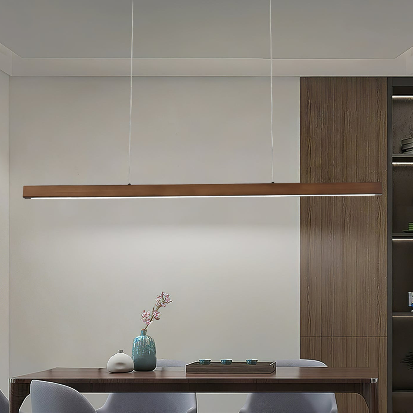 LED Hängelampe Holz Linear Warmes Licht Esstisch Kochinsel Minimalistisch Japandi Design Verstellbares Kabel Balkenlampe | Restfield
