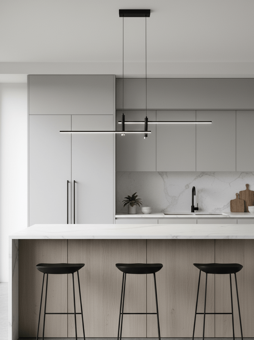 Lineaire hanglamp Links Island • 90/120/150cm • LED geïntegreerd • warm wit/neutraal/koel wit • dimbaar optie • zwart/goud • keuken-eiland boven tafel | Sansoti