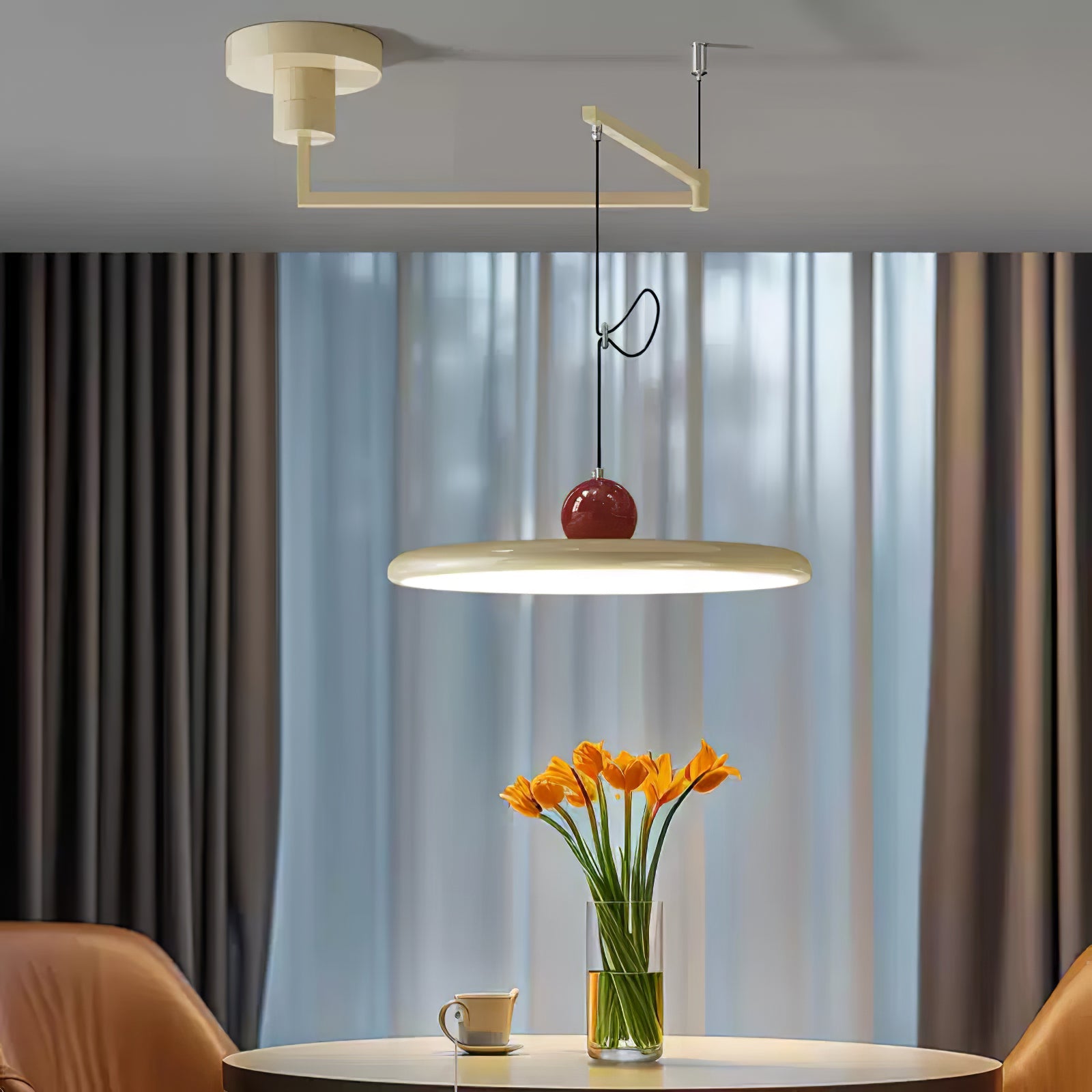 Mid-Century Swing Hanglamp — Kinetisch Design met Zwevende Schijf & Contragewicht | Verstelbare Armlamp voor Moderne Eetkamers en Creatieve Werkruimtes | Integrale LED | Sansoti